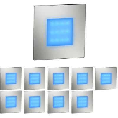 ledscom.de 10 stuks LED trapverlichting / FEX inbouwwandlamp voor binnen en buiten, rechthoekig, roestvrij staal, 85 x 85 mm, blauw ledscom.de 10 stuks LED trapverlichting / FEX inbouwwandlamp voor binnen en buiten, rechthoekig, roestvrij staal, 85 x 85 mm, blauw