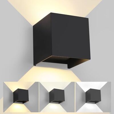 FUPE Ledwandlamp voor buiten, binnen, licht, verstelbaar, 3 kleuren, wandlamp, IP65, waterdicht, modern, zwart, 15 W, vierkante aluminium wandlamp, instelling van de stralingshoek, 11 cm FUPE Ledwandlamp voor buiten, binnen, licht, verstelbaar, 3 kleuren, wandlamp, IP65, waterdicht, modern, zwart, 15 W, vierkante aluminium wandlamp, instelling van de stralingshoek, 11 cm