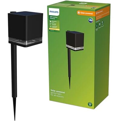 Philips Virona sokkellamp met spies, buitenlamp op zonne-energie, warm wit licht; 2700 K, zwart, zonne-energie, tuinpadverlichting Philips Virona sokkellamp met spies, buitenlamp op zonne-energie, warm wit licht; 2700 K, zwart, zonne-energie, tuinpadverlichting