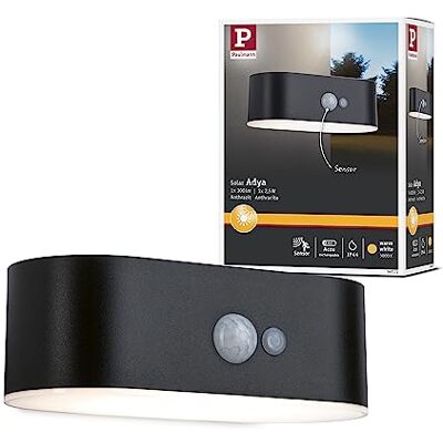 Paulmann Adya 94571 Led-wandlamp op zonne-energie met bewegingsmelder, IP44, 1 x 2,5 W, warmwit, zwart, draadloos, kunststof, oplaadbaar, 3000 K Paulmann Adya 94571 Led-wandlamp op zonne-energie met bewegingsmelder, IP44, 1 x 2,5 W, warmwit, zwart, draadloos, kunststof, oplaadbaar, 3000 K