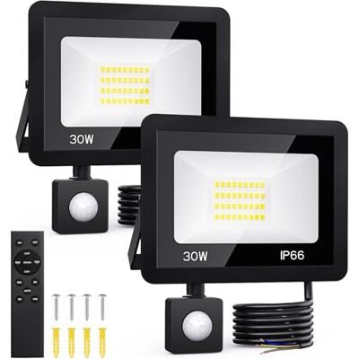 FGRYB Led-schijnwerper voor buiten, bewegingsmelder, 30 W, wandlamp, buitenverlichting, met afstandsbediening, IP66 waterdicht, verlichting voor buiten, tuin, bewegingssensor, garage, achtertuin, 2 stuks FGRYB Led-schijnwerper voor buiten, bewegingsmelder, 30 W, wandlamp, buitenverlichting, met afstandsbediening, IP66 waterdicht, verlichting voor buiten, tuin, bewegingssensor, garage, achtertuin, 2 stuks