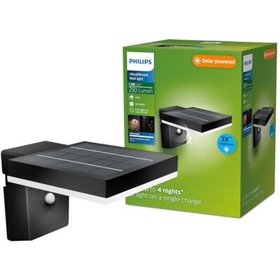 Philips Zonal Ultra Efficiënte buitenwandlamp op zonne-energie, vierkant, 1,3 W, 3000 K, zwart, bewegingssensor, IP44 weerbestendig, energiebesparend Philips Zonal Ultra Efficiënte buitenwandlamp op zonne-energie, vierkant, 1,3 W, 3000 K, zwart, bewegingssensor, IP44 weerbestendig, energiebesparend
