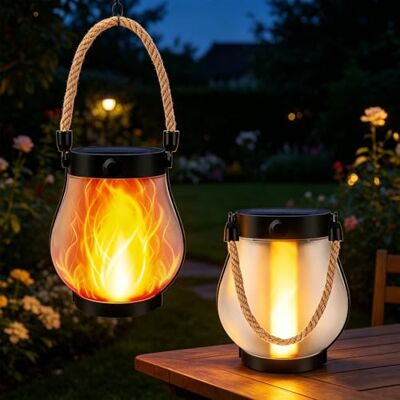 BORDEAG Set van 2 lantaarns op zonne-energie voor buiten, dansende zonnelampen voor buiten, vlammeneffect, waterdicht, warme led, voor terras en camping, ABS + PS materiaal BORDEAG Set van 2 lantaarns op zonne-energie voor buiten, dansende zonnelampen voor buiten, vlammeneffect, waterdicht, warme led, voor terras en camping, ABS + PS materiaal
