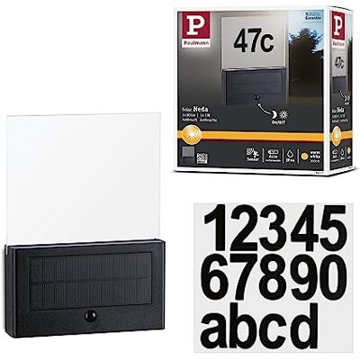 Paulmann Neda 94577 Led-huisnummer op zonne-energie, met bewegingsmelder, IP44, rechthoekig, 1 x 1 W, warm wit, antraciet, draadloos, 3000 K Paulmann Neda 94577 Led-huisnummer op zonne-energie, met bewegingsmelder, IP44, rechthoekig, 1 x 1 W, warm wit, antraciet, draadloos, 3000 K