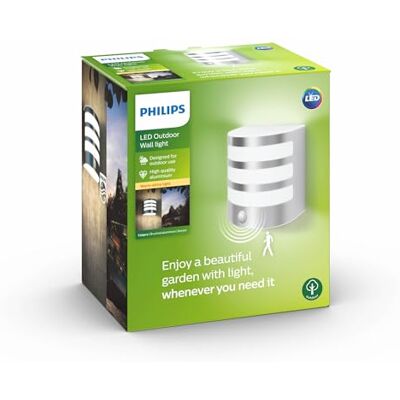 Philips Calgary Buitenwandlamp met sensor, roestvrij staal, 3,5 W, warmwit licht, spatwaterdicht, geïntegreerde ledlamp Philips Calgary Buitenwandlamp met sensor, roestvrij staal, 3,5 W, warmwit licht, spatwaterdicht, geïntegreerde ledlamp