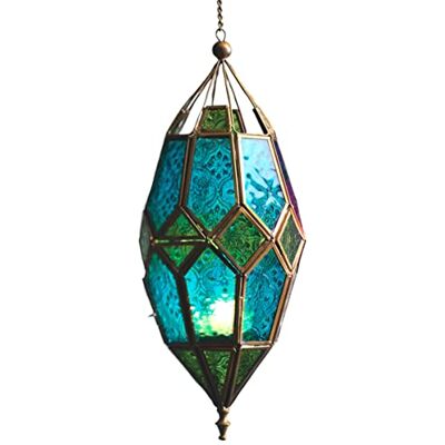 Purity Style Marokkaanse stijl hangende glazen lantaarn (groot groen/blauw) Purity Style Marokkaanse stijl hangende glazen lantaarn (groot groen/blauw)