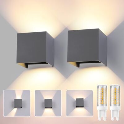 FUPE Wandlamp voor buiten, binnen, led, G9-lampen, vervangbaar, IP65, waterdicht, buitenwandlamp, donkergrijs, 3000 K, warmwit, vierkant, aluminium, instelling van de verlichtingshoek, 2 stuks FUPE Wandlamp voor buiten, binnen, led, G9-lampen, vervangbaar, IP65, waterdicht, buitenwandlamp, donkergrijs, 3000 K, warmwit, vierkant, aluminium, instelling van de verlichtingshoek, 2 stuks