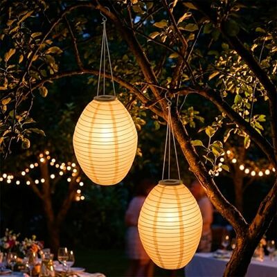 Spetebo Set van 2 ovale led-lantaarns op zonne-energie, 33 x 22 cm, nylon, decoratieve tuinverlichting, warmwit, zonnelamp, lantaarn, bol, decoratieve lamp voor buiten, bestand tegen Spetebo Set van 2 ovale led-lantaarns op zonne-energie, 33 x 22 cm, nylon, decoratieve tuinverlichting, warmwit, zonnelamp, lantaarn, bol, decoratieve lamp voor buiten, bestand tegen