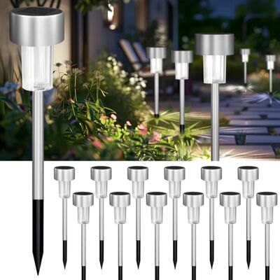 Jsdoin Set van 12 led-tuinlampen op zonne-energie van roestvrij staal, waterdicht, automatisch in- en uitschakelen, voor oprit, terras, buiten, gazon, oprit Jsdoin Set van 12 led-tuinlampen op zonne-energie van roestvrij staal, waterdicht, automatisch in- en uitschakelen, voor oprit, terras, buiten, gazon, oprit