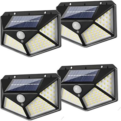 Hqynss Pakket van 4 zonne-energie lampen met bewegingssensor – 100 LED, IP65 waterdicht, 270° brede hoek, 800 mAh batterij Hqynss Pakket van 4 zonne-energie lampen met bewegingssensor – 100 LED, IP65 waterdicht, 270° brede hoek, 800 mAh batterij
