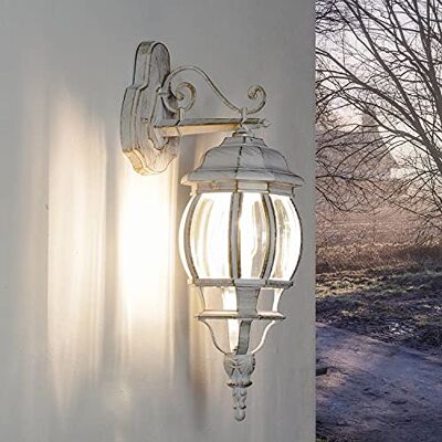 Licht-Erlebnisse Wandlantaarn, glas, aluminium, wit, goud, IP44, voor terras, voordeur, P: 24,5 cm, E27, landhuis, rustieke buitenlamp, carport, tuin Licht-Erlebnisse Wandlantaarn, glas, aluminium, wit, goud, IP44, voor terras, voordeur, P: 24,5 cm, E27, landhuis, rustieke buitenlamp, carport, tuin
