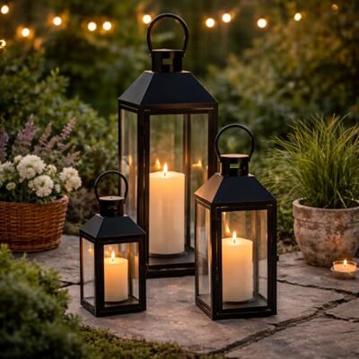 Mojawo Set van 3 tuinlantaarns metalen lantaarns buitendecoratie zwart hoogte 23/39/49 cm Mojawo Set van 3 tuinlantaarns metalen lantaarns buitendecoratie zwart hoogte 23/39/49 cm