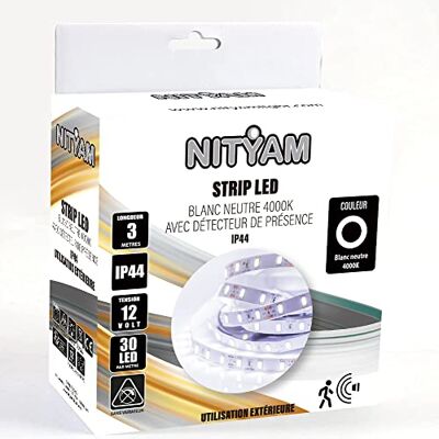 Nityam 3 m ledstrip, neutraal wit (4000 K), bewegingsmelder, IP44 waterdicht, voor binnen en buiten Nityam 3 m ledstrip, neutraal wit (4000 K), bewegingsmelder, IP44 waterdicht, voor binnen en buiten