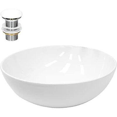 ECD Germany Wastafel van keramiek, wit, Ø 400 x 147 mm, met afvoergarnituur 41,2 mm, universeel, zonder overloop, rond design, moderne opzetwastafel, handwastafel voor badkamer en toilet ECD Germany Wastafel van keramiek, wit, Ø 400 x 147 mm, met afvoergarnituur 41,2 mm, universeel, zonder overloop, rond design, moderne opzetwastafel, handwastafel voor badkamer en toilet