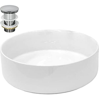 ECD Germany Wastafel voor badkamer – Ø 355 x 120 mm – van keramiek – rond – wit – handwastafel – wastafel voor het neerzetten op meubels – modern design – met afvoergarnituur zonder overloop ECD Germany Wastafel voor badkamer – Ø 355 x 120 mm – van keramiek – rond – wit – handwastafel – wastafel voor het neerzetten op meubels – modern design – met afvoergarnituur zonder overloop