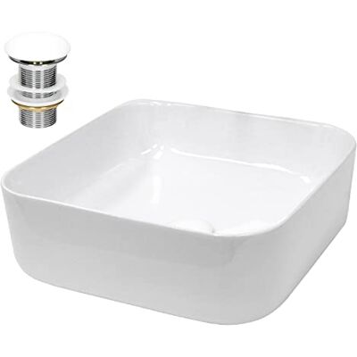 ECD Germany Wastafel van keramiek, wit, 390 x 390 x 140 mm, met afvoergarnituur van 3,175 cm, universeel, zonder overloop, vierkant design, moderne opzetwastafel voor badkamer en toilet ECD Germany Wastafel van keramiek, wit, 390 x 390 x 140 mm, met afvoergarnituur van 3,175 cm, universeel, zonder overloop, vierkant design, moderne opzetwastafel voor badkamer en toilet