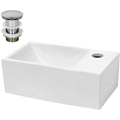 ECD Germany Mini-wastafel, voor badkamer, 350 x 205 x 125 mm, keramiek, wit, hoekig, voor wasmachine, hangend toilet, afvoergarnituur en kraangat rechts zonder overloop ECD Germany Mini-wastafel, voor badkamer, 350 x 205 x 125 mm, keramiek, wit, hoekig, voor wasmachine, hangend toilet, afvoergarnituur en kraangat rechts zonder overloop