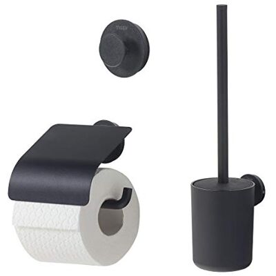 Tiger Urban badaccessoireset, roestvrij staal, zwart, 3-delig, bestaande uit toiletpapierhouder met deksel, haak en wc-borstel, met verwisselbare decoratieve ringen voor individuele vormgeving Tiger Urban badaccessoireset, roestvrij staal, zwart, 3-delig, bestaande uit toiletpapierhouder met deksel, haak en wc-borstel, met verwisselbare decoratieve ringen voor individuele vormgeving