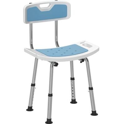 HOMCOM Douchekruk, douchestoel voor ouderen en gehandicapten, met rugleuning, gebogen zitting, in hoogte verstelbaar, antislip pads en douchekophouder, aluminium, blauw HOMCOM Douchekruk, douchestoel voor ouderen en gehandicapten, met rugleuning, gebogen zitting, in hoogte verstelbaar, antislip pads en douchekophouder, aluminium, blauw