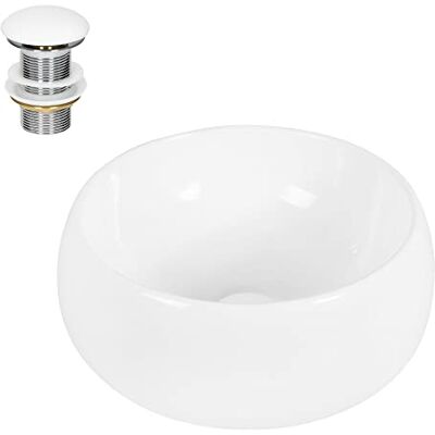 ECD Germany Wastafel van keramiek, wit, Ø 400 x 350 mm, met afvoergarnituur van 3,175 cm, universeel, zonder overloop, rond design, moderne opzetwastafel, handwastafel voor badkamer en toilet ECD Germany Wastafel van keramiek, wit, Ø 400 x 350 mm, met afvoergarnituur van 3,175 cm, universeel, zonder overloop, rond design, moderne opzetwastafel, handwastafel voor badkamer en toilet