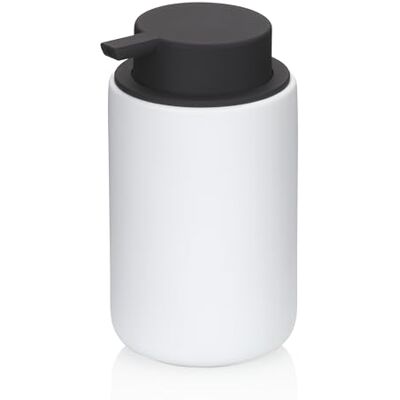 kela Sana 23947 zeepdispenser 300 ml, schuimstof, Ø 9 cm, keramiek, wit, rubberen oppervlak, met zwarte pompkop kela Sana 23947 zeepdispenser 300 ml, schuimstof, Ø 9 cm, keramiek, wit, rubberen oppervlak, met zwarte pompkop