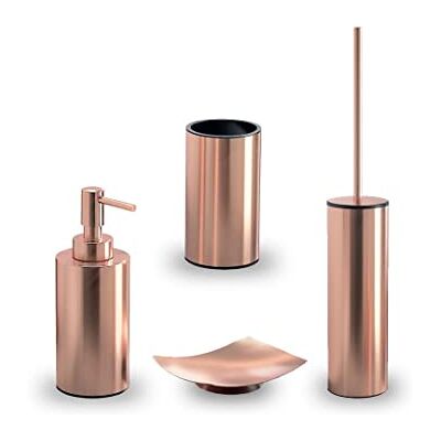 Gedy Elettra 4-delige set, 1 zeepbakje; 1 toiletborstel; 1 zeepdispenser en 1 tandenborstelhouder, serie gemaakt van roestvrij staal, kleur roségoud Gedy Elettra 4-delige set, 1 zeepbakje; 1 toiletborstel; 1 zeepdispenser en 1 tandenborstelhouder, serie gemaakt van roestvrij staal, kleur roségoud