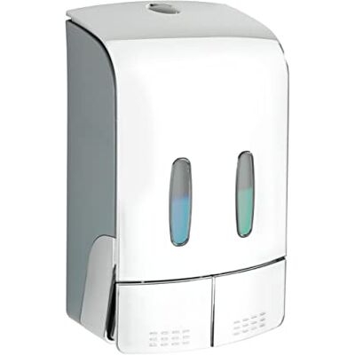 WENKO Tartas Chrome Zeepdispenser en ontsmettingsmiddel 2 slaapkamers Hygiënische wanddispenser voor ontsmettingsmiddelen, vloeibare zeep enz. zonder boren Capaciteit per kamer: 480 ml, 14,5 x 24 x 9 WENKO Tartas Chrome Zeepdispenser en ontsmettingsmiddel 2 slaapkamers Hygiënische wanddispenser voor ontsmettingsmiddelen, vloeibare zeep enz. zonder boren Capaciteit per kamer: 480 ml, 14,5 x 24 x 9