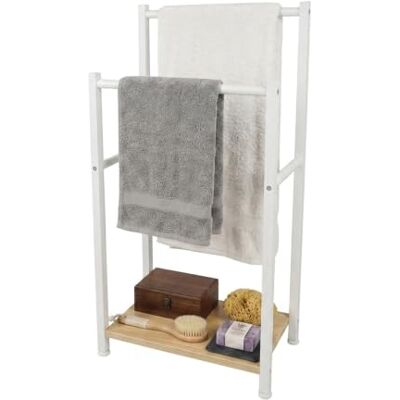 Relaxdays Handdoekrek met plank, 80 x 42 x 24 cm, natuur/wit 2 stangen, handdoekhouder op voet, MDF en metaal Relaxdays Handdoekrek met plank, 80 x 42 x 24 cm, natuur/wit 2 stangen, handdoekhouder op voet, MDF en metaal