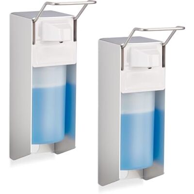 Relaxdays Desinfecterende geldispenser, 2 stuks, 500 ml, zilver/wit ook voor vloeibare zeep, wandmontage Relaxdays Desinfecterende geldispenser, 2 stuks, 500 ml, zilver/wit ook voor vloeibare zeep, wandmontage