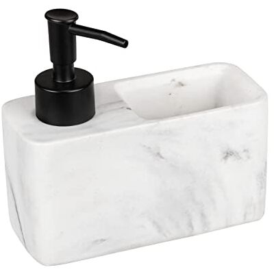 WENKO Resa Marbre zeepdispenser voor de keuken met praktisch sponsvak, 150 ml, navulbaar, 14,5 x 14,3 x 6 cm, wit/zwart WENKO Resa Marbre zeepdispenser voor de keuken met praktisch sponsvak, 150 ml, navulbaar, 14,5 x 14,3 x 6 cm, wit/zwart