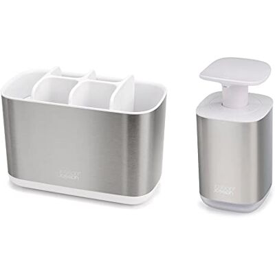 Joseph Joseph Bathroom Beauties 2-delige badkamerwastafelset met grote tandenborstelhouder en hygiënische pompzeepdispenser, roestvrij staal Joseph Joseph Bathroom Beauties 2-delige badkamerwastafelset met grote tandenborstelhouder en hygiënische pompzeepdispenser, roestvrij staal