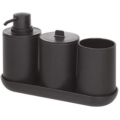InterDesign iDesign Opbergset, badkameraccessoires (4-delig) met zeepdispenser, tandglas, katoenen doos en kunststof dienblad, badkameropslag, zwart InterDesign iDesign Opbergset, badkameraccessoires (4-delig) met zeepdispenser, tandglas, katoenen doos en kunststof dienblad, badkameropslag, zwart