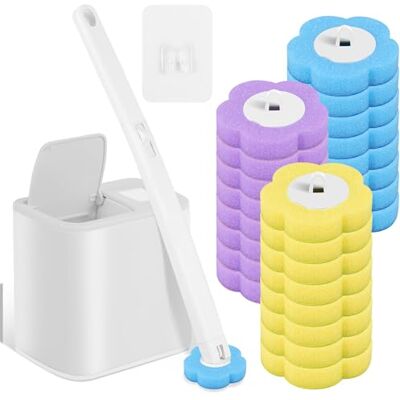 Alongen Wegwerp toiletborstelset met verlengde handgreep en houder, reinigingsset met 30 stuks reiniger, toiletborstelvullingen voor badkamer, wastafel, badkuip, vloer (wit + 24) Alongen Wegwerp toiletborstelset met verlengde handgreep en houder, reinigingsset met 30 stuks reiniger, toiletborstelvullingen voor badkamer, wastafel, badkuip, vloer (wit + 24)