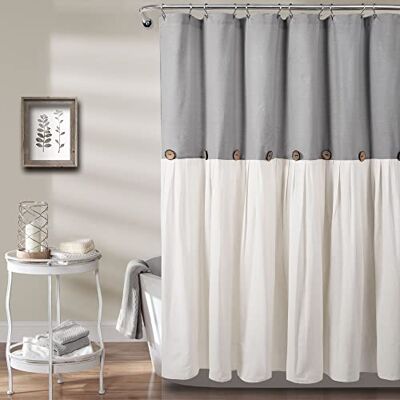 Lush Decor Douchegordijn met knopen, linnen, grijs/wit, 183 x 183 cm Lush Decor Douchegordijn met knopen, linnen, grijs/wit, 183 x 183 cm