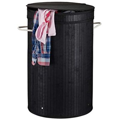 Relaxdays Ronde wasmand van bamboe met klapdeksel, 65 liter, wasmand, opvouwbaar, rond, diameter 40 cm, zwart Relaxdays Ronde wasmand van bamboe met klapdeksel, 65 liter, wasmand, opvouwbaar, rond, diameter 40 cm, zwart