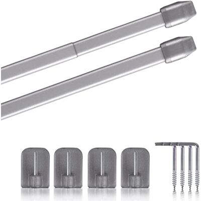 Bestlivings Vitragestangen, set van 2, uittrekbaar, 2 gordijnroedes met zelfklevende haken, bevestiging zonder boren, (kleur: zilver, afmetingen: 80-120 cm). Bestlivings Vitragestangen, set van 2, uittrekbaar, 2 gordijnroedes met zelfklevende haken, bevestiging zonder boren, (kleur: zilver, afmetingen: 80-120 cm).