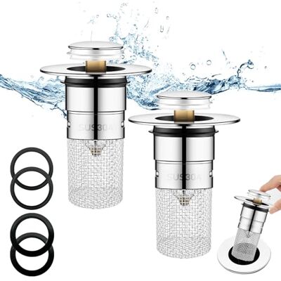 SHFYFHS 2 stuks wastafelstop van roestvrij staal, pop-up universele afvoerstop 304 Universele metalen gootsteenstop met filterzeef/afdichtingen, afvoerstop voor badkamer, wastafel en keuken SHFYFHS 2 stuks wastafelstop van roestvrij staal, pop-up universele afvoerstop 304 Universele metalen gootsteenstop met filterzeef/afdichtingen, afvoerstop voor badkamer, wastafel en keuken