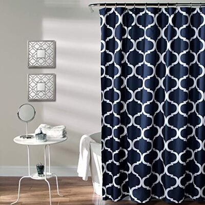 Lush Decor Douchegordijn voor badkamer met gedurfde roosterprint op zachte, wasbare en duurzame marineblauwe stof, 183 x 183 cm Lush Decor Douchegordijn voor badkamer met gedurfde roosterprint op zachte, wasbare en duurzame marineblauwe stof, 183 x 183 cm