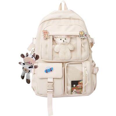 NICOLE & DORIS Damesrugzak Schattige schoolrugzak Kawaii rugzak Reisrugzak met meerdere zakken en pluche poppen Rugzak voor meisjes, wit, L NICOLE & DORIS Damesrugzak Schattige schoolrugzak Kawaii rugzak Reisrugzak met meerdere zakken en pluche poppen Rugzak voor meisjes, wit, L