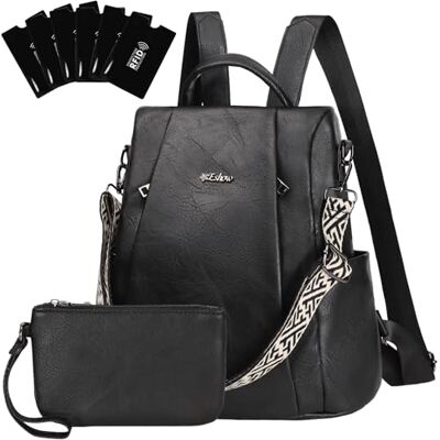 Eshow Kleine rugzak voor dames, anti-diefstal, elegant, veganistisch leer, waterdicht, met tas, modern, voor onderweg, school, werk, reizen, glanzend zwart, S, casual Eshow Kleine rugzak voor dames, anti-diefstal, elegant, veganistisch leer, waterdicht, met tas, modern, voor onderweg, school, werk, reizen, glanzend zwart, S, casual