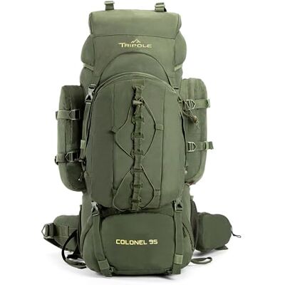 TRIPOLE Colonel Rugzak 95 l voor reizen en wandelen, met afneembare dagtas, 12 l, voor vrouwen en mannen, waterdichte rugzak met binnenframe en regenhoes, kamperen en trekking, legergroen TRIPOLE Colonel Rugzak 95 l voor reizen en wandelen, met afneembare dagtas, 12 l, voor vrouwen en mannen, waterdichte rugzak met binnenframe en regenhoes, kamperen en trekking, legergroen