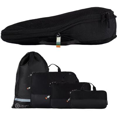 Travel Dude Reisorganizer Bagage Compressietas Van gerecyclede kunststof flessen Kofferindeling Reiszakjes voor rugzak (4 stuks, zwart) Travel Dude Reisorganizer Bagage Compressietas Van gerecyclede kunststof flessen Kofferindeling Reiszakjes voor rugzak (4 stuks, zwart)