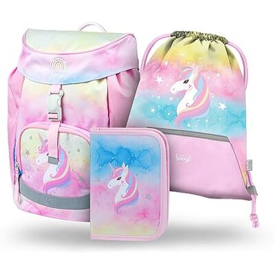 Baagl Schooltas voor jongens 1e klas Airy schooltas 3-delige set, basisschoolrugzak voor kinderen, schooltas voor school, tornister, Rainbow Unicorn, Schooltas set Baagl Schooltas voor jongens 1e klas Airy schooltas 3-delige set, basisschoolrugzak voor kinderen, schooltas voor school, tornister, Rainbow Unicorn, Schooltas set
