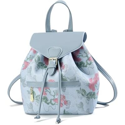 NICOLE & DORIS Modieuze mini-rugzak voor dames, bloemenmotief, diefstalbeveiliging, kunstleren rugzak met klep, Blauw, L, Modieus NICOLE & DORIS Modieuze mini-rugzak voor dames, bloemenmotief, diefstalbeveiliging, kunstleren rugzak met klep, Blauw, L, Modieus