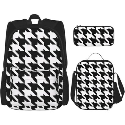 GMSGHJHDR Schooltas, etui en lunchtas, lichte reisrugzak voor kinderen, tieners, meisjes, jongens, studenten, Zwarte pied-de-poule, One size, Schooltas set GMSGHJHDR Schooltas, etui en lunchtas, lichte reisrugzak voor kinderen, tieners, meisjes, jongens, studenten, Zwarte pied-de-poule, One size, Schooltas set
