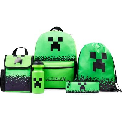 Minecraft Kinderrugzak, 5-delig, waterfles, geïsoleerd, Kawaii, tas met trekkoord of koord en sleutelhouder (groen) Minecraft Kinderrugzak, 5-delig, waterfles, geïsoleerd, Kawaii, tas met trekkoord of koord en sleutelhouder (groen)