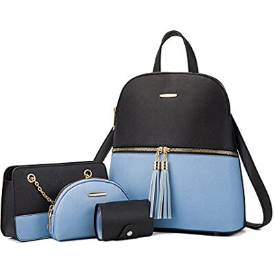 NICOLE & DORIS Damesrugzak, elegant, rugzak voor dames, PU-leer, diefstalbeveiliging, kleine reistas, school, 4-in-1, set rugzak, schoudertas, blauw met zwart, L, elegant, praktisch, Blauw met zwart, NICOLE & DORIS Damesrugzak, elegant, rugzak voor dames, PU-leer, diefstalbeveiliging, kleine reistas, school, 4-in-1, set rugzak, schoudertas, blauw met zwart, L, elegant, praktisch, Blauw met zwart,