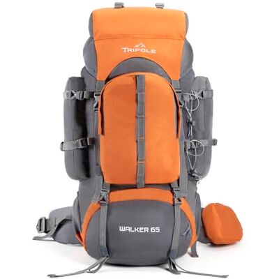 TRIPOLE Walker Rugzak 65 l voor reizen en wandelen, voor vrouwen en mannen, waterdichte rugzak met binnenframe, regenhoes en laptopvak, oranje TRIPOLE Walker Rugzak 65 l voor reizen en wandelen, voor vrouwen en mannen, waterdichte rugzak met binnenframe, regenhoes en laptopvak, oranje