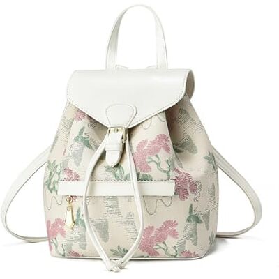 NICOLE & DORIS Modieuze mini-rugzak voor dames, bloemenmotief, diefstalbeveiliging, kunstleren rugzak met klep, Beige, L, Eigentijds NICOLE & DORIS Modieuze mini-rugzak voor dames, bloemenmotief, diefstalbeveiliging, kunstleren rugzak met klep, Beige, L, Eigentijds