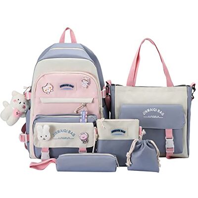 YGYCF 5-delige Kawaii studentenrugzak met schattige berenaccessoires, schooltassen voor tieners, schoolbenodigdheden voor terug naar school, 07-B Blauw, One size, Rugzak YGYCF 5-delige Kawaii studentenrugzak met schattige berenaccessoires, schooltassen voor tieners, schoolbenodigdheden voor terug naar school, 07-B Blauw, One size, Rugzak